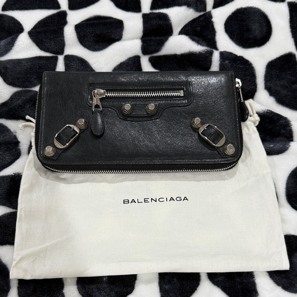Balenciaga Black Agneau Leather Giant Silver Hardware Compagnon Wallet NEW
